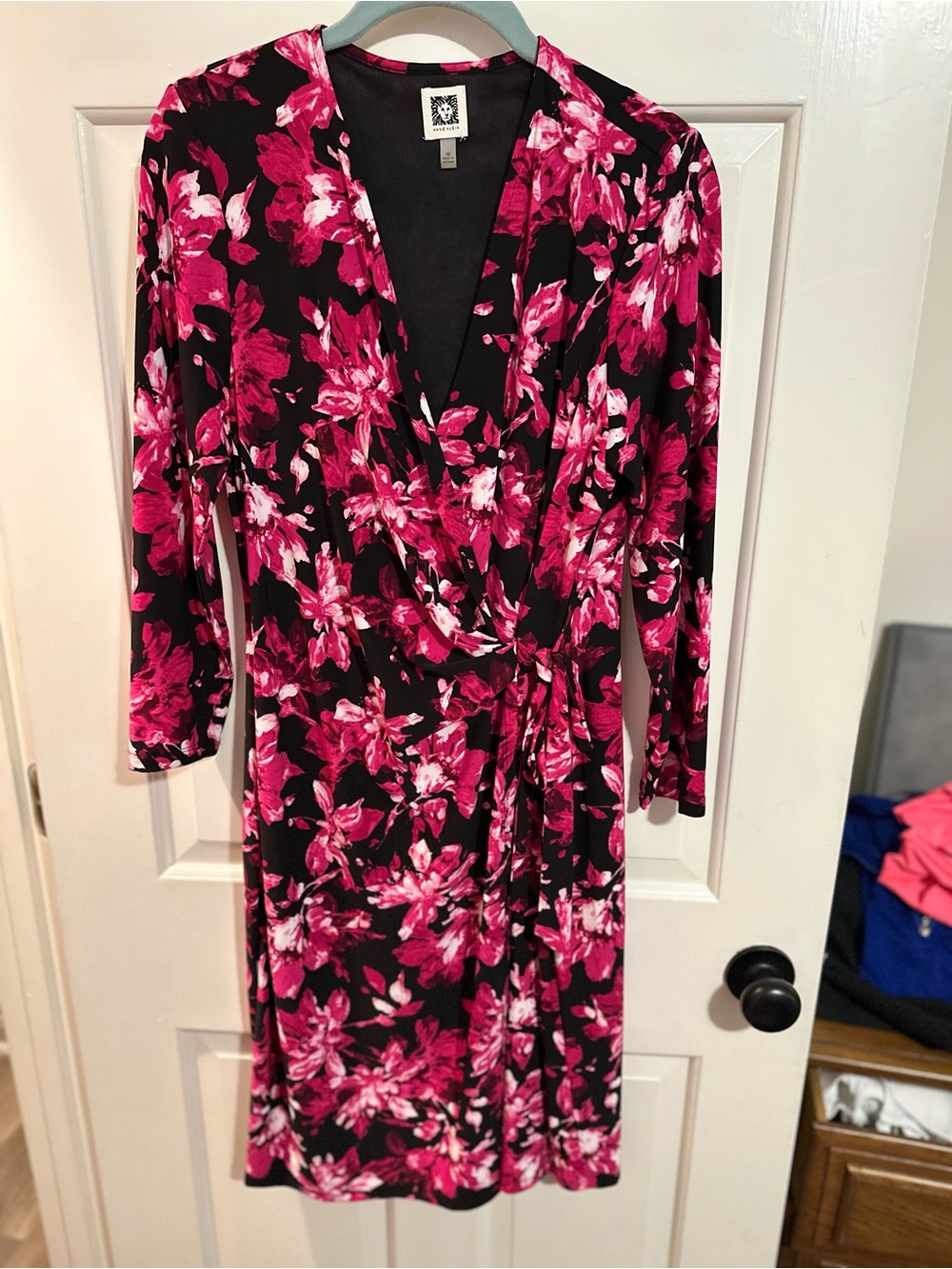 Anne Klein Black Wrap Dress with Fuchsia Floral Print